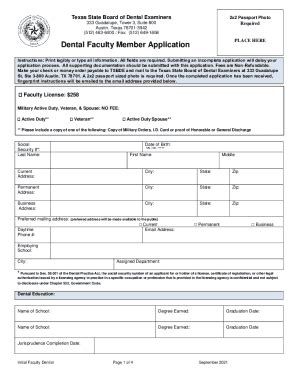 Tsbde dental - Make your check or money order payable to TSBDE and mail to the Texas State Board of Dental Examiners at 1801 Congress Avenue, Suite 8.600 Austin, TX 78701. A 2x2 passport photo is required. Licensure by Examination: $360. Licensure by Credentials: $2,945. Foreign Graduate Licensure: $360. Temporary Licensure: $895 Reinstate a Cancelled …